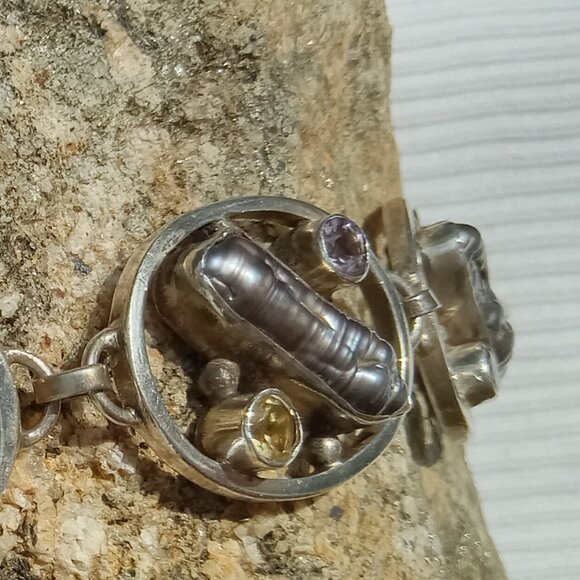 Biwa Pearl And Mixed Gemstone 925 Bracelet - Picture 3 of 4